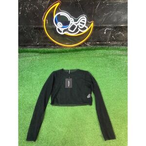 PrettyLittleThing Black Fishnet Long Sleeve Crop Top Festival Rave Womens size 6